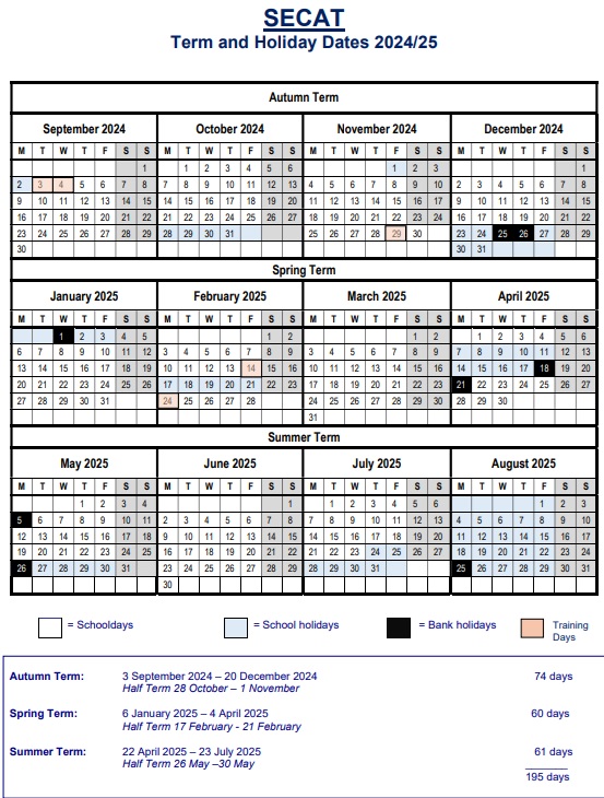 These are the SECAT term dates for the academic year 2024 to 2025