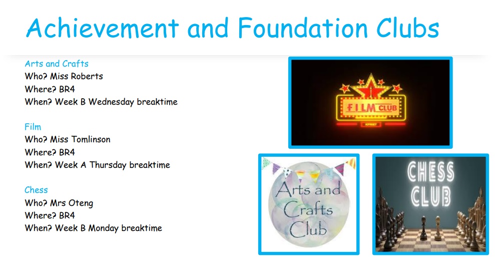 This image gives details of the clubs in the Achievement and Foundation Pathway