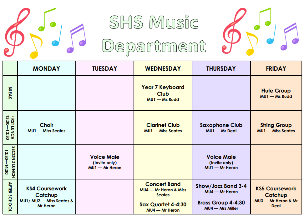 This image shows the clubs available in the Music Department